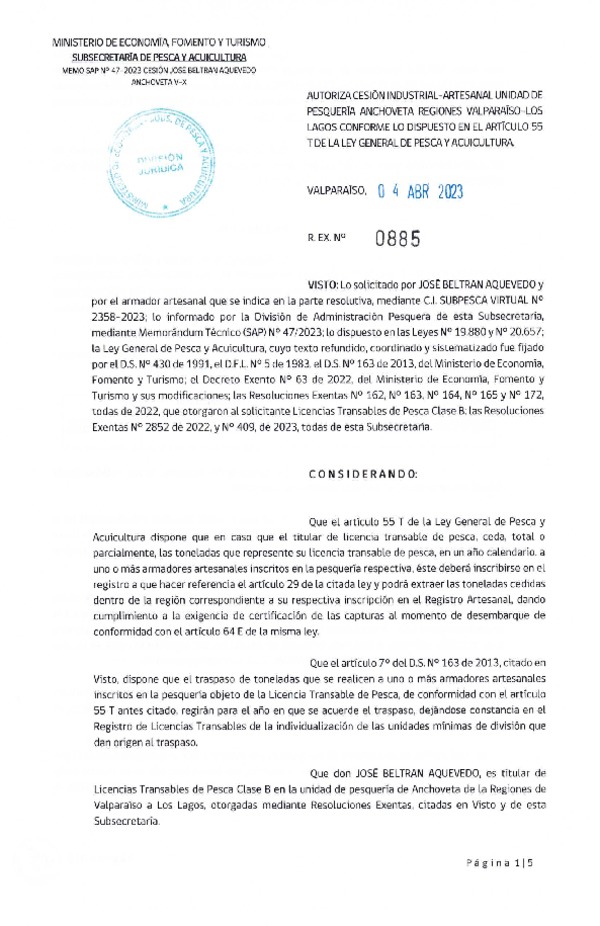 Res. Ex N° 0885-2023, Autoriza cesión Industrial-Artesanal unidad de Pesquería Anchoveta Regiones de Valparaíso a Los Lagos. (Publicado en Página Web 04-04-2023).