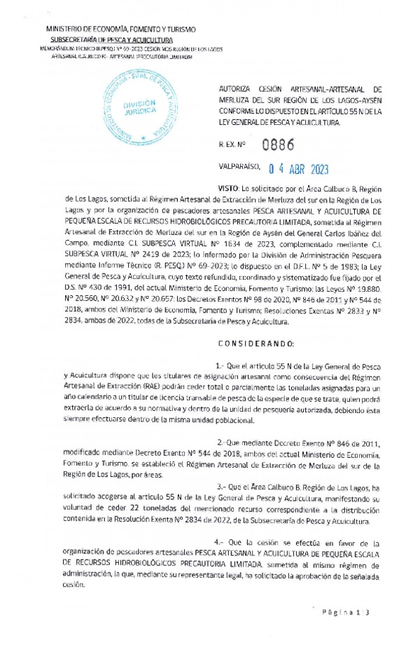 Res. Ex. N° 0886-2022 Autoriza Cesión de Merluza del Sur, regiones de Los Lagos - Aysén. (Publicado en Página Web 04-04-2023)