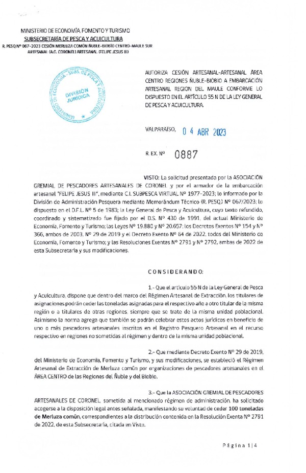 Res. Ex. N° 0887-2023 Autoriza Cesión de Merluza común, Región del Ñuble-Biobío a Región del Maule. (Publicado en Página Web 04-04-2023)