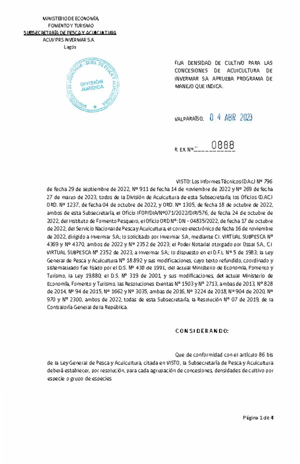 Res. Ex. N° 0888-2023 Fija densidad de cultivo para las concesiones de acuicultura de titularidad de Invermar S.A. (Con Informe Técnico). (Publicado en Página Web 04-04-2023)