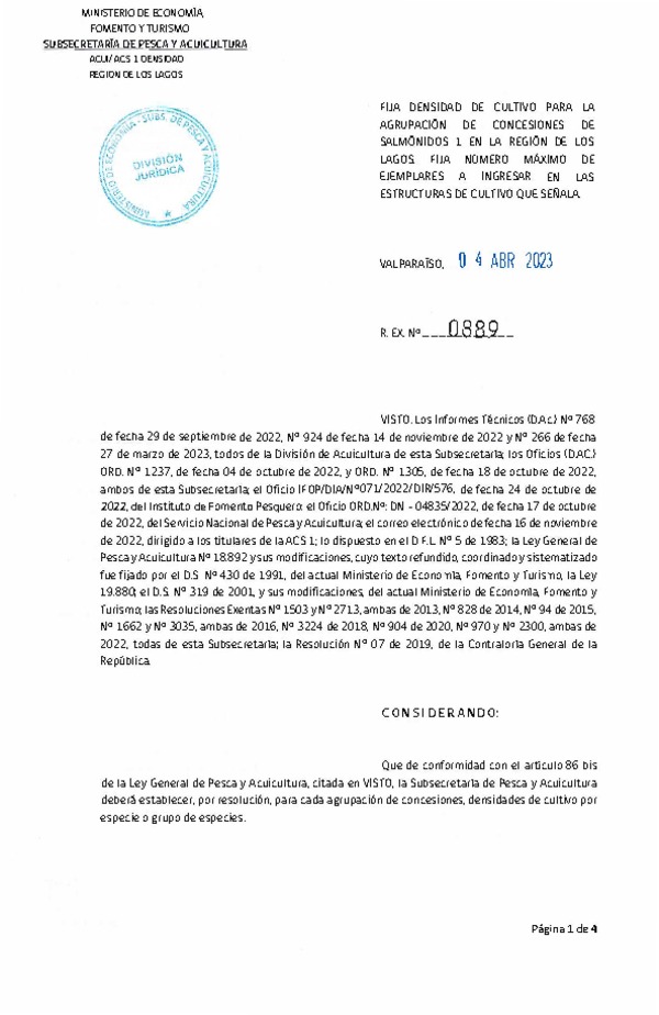 Res. Ex. N° 0889-2023 Fija densidad de cultivo para la agrupación de concesiones de salmónidos 1 en la Región de Los Lagos. (Con Informe Técnico). (Publicado en Página Web 04-04-2023)