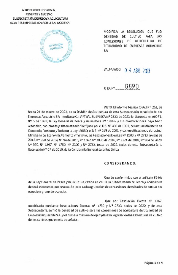 Res. Ex. N°0890-2023 Fija densidad de cultivo para las concesiones de Acuicultura de Titularidad de Empresas Aquachile S.A., Aprueba programa de manejo que indica. (Con Informe Técnico) (Publicado en Página Web 04-04-2023)