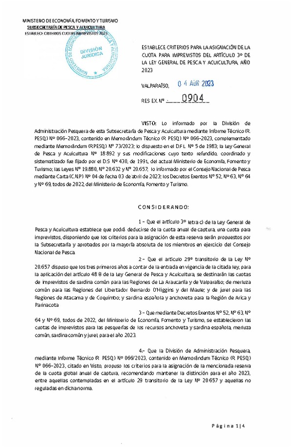 Res. Ex. N° 0904-2023 Establece Criterios para la Asignación de la Cuota para Imprevistos del Artículo 3° de la Ley General de Pesca y Acuicultura Año 2023. (Publicado en Página Web 06-04-2023)