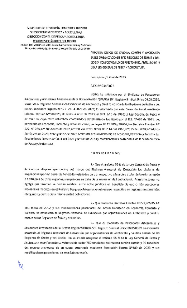 Res. Ex. N° 038-2023 (DZP Ñuble y del Biobío) Autoriza cesión Sardina común y Anchoveta. (Publicado en Página Web 06-04-2023)