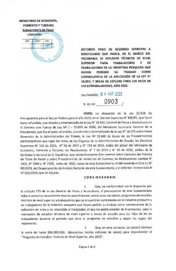 Res. Ex. N° 0903-2023 Autoriza pago de segundo semestre a beneficiario que indica, en el marco del programa que señala. (Publicado en Página Web 06-04-2023)