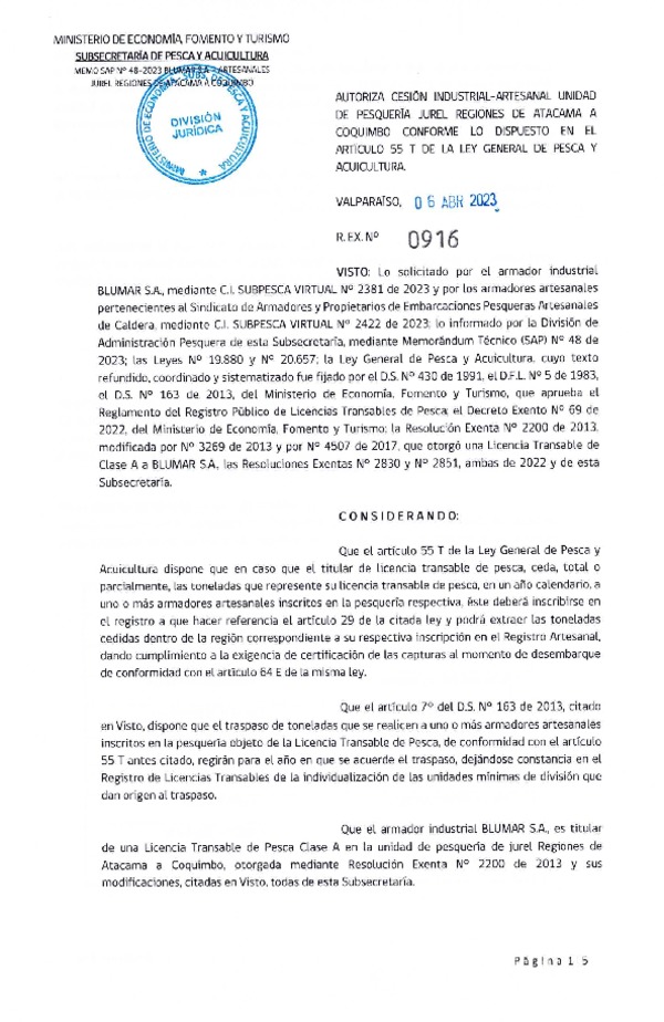 Res. Ex. N° 0916-2023, Autoriza Cesión de Jurel Regiones de Atacama a Coquimbo. (Publicado en Página Web 06-04-2023).