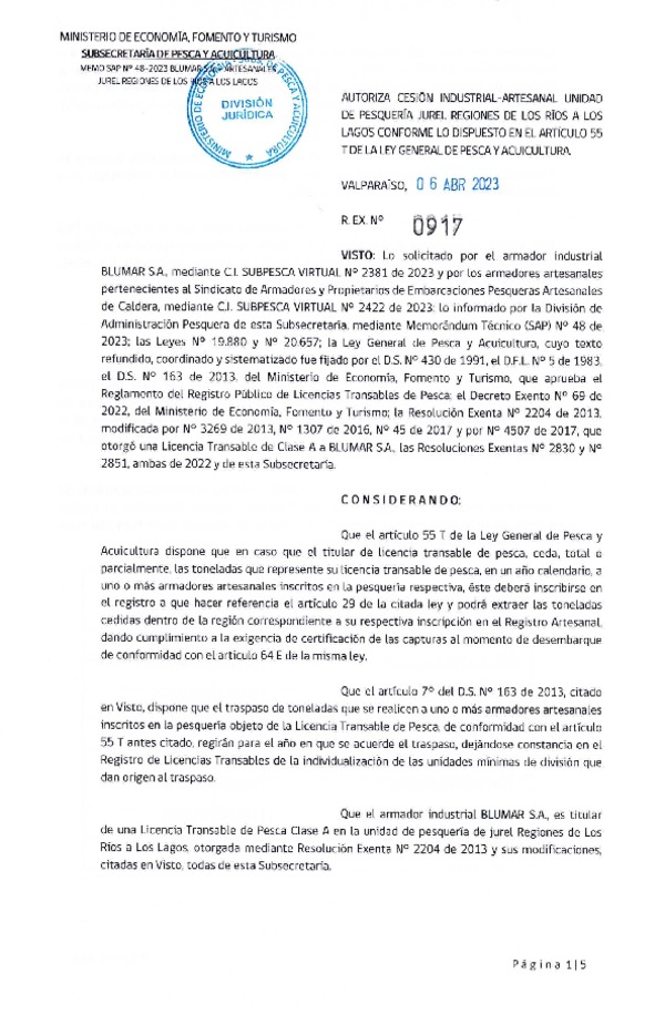 Res. Ex. N° 0917-2023, Autoriza Cesión de Jurel Regiones de Los Ríos a Los Lagos. (Publicado en Página Web 06-04-2023).
