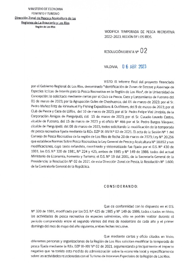 Res. Ex. N° 02-2023 Modifica Res. Ex. N° 02-2021 (DZP La Araucanía y Los Ríos) Establece Temporada de Pesca Recreativa y Prohibición de Pesca Nocturna, Región de Los Ríos. (Publicado en Página Web 06-04-2023)
