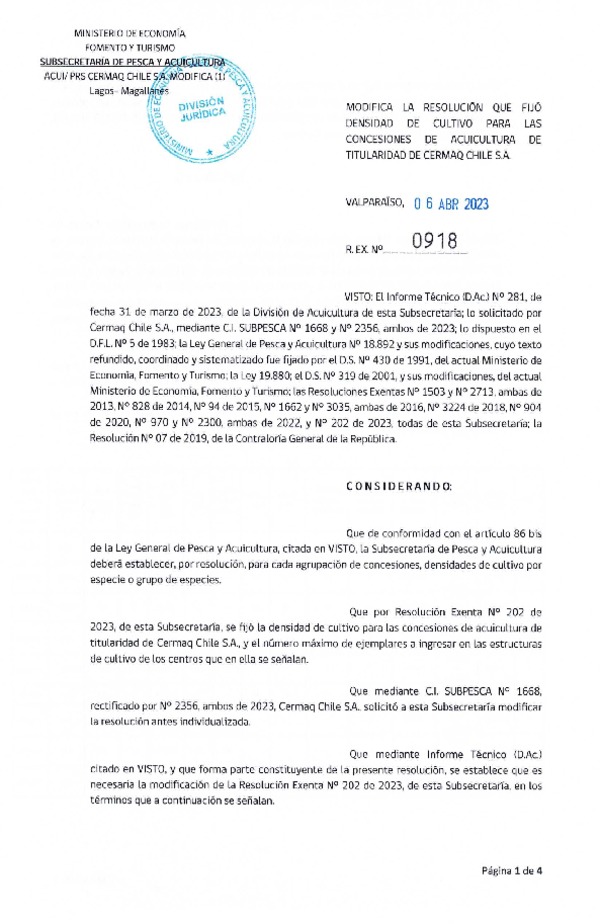 Res. Ex. N° 0918-2023 Modifica Res. Ex. N°0202-2023 Fija densidad de cultivo para las concesiones de Acuicultura de Titularidad de Cermaq Chile S.A., Aprueba programa de manejo que indica. (Con Informe Técnico) (Publicado en Página Web 06-04-2023)