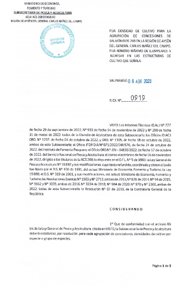 Res. Ex. N° 0919-2023 Fija densidad de cultivo para la agrupación de  concesiones de salmónidos 26B en la Región de Aysén. (Con Informe Técnico) (Publicado en Página Web 06-04-2023)