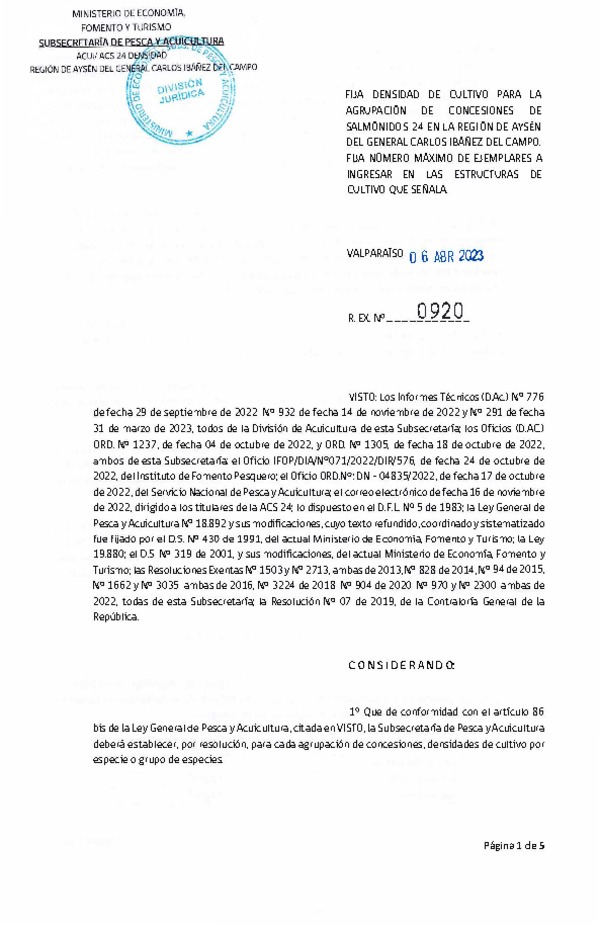 Res. Ex. N° 0920-2023 Fija densidad de cultivo para la agrupación de  concesiones de salmónidos 24 en la Región de Aysén. (Con Informe Técnico) (Publicado en Página Web 06-04-2023)