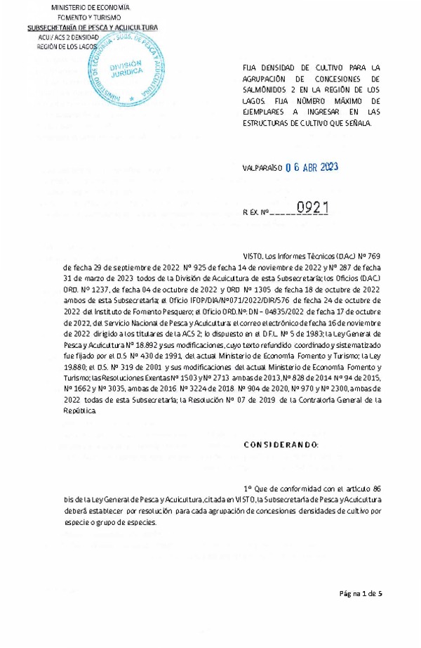 Res. Ex. N° 0921-2023 Fija densidad de cultivo para la agrupación de  concesiones de salmónidos 2 en la Región de Los Lagos. (Con Informe Técnico) (Publicado en Página Web 06-04-2023)