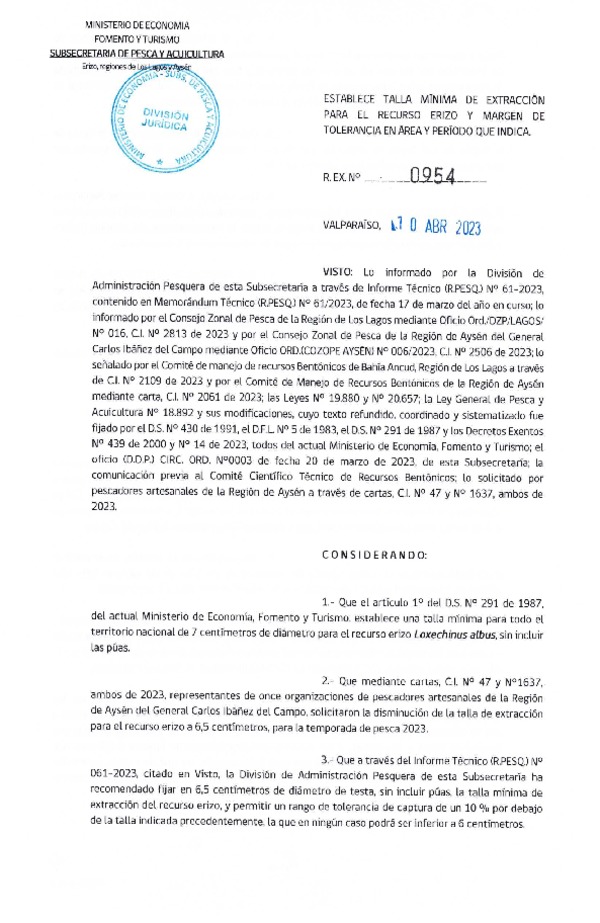 Res. Ex. N° 0954-2023 Establece Talla Mínima de Extracción para el Recurso Erizo y Margen de Tolerancia en Área y Período que Indica. (Publicado en Página Web 11-04-2023)