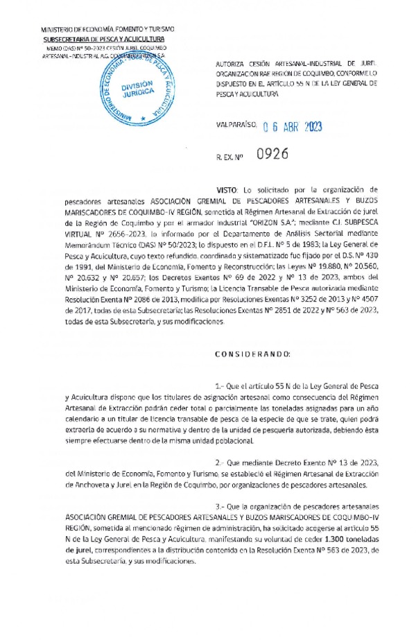 Res. Ex N° 0926-2023, Autoriza Cesión de Jurel Región de Coquimbo. (Publicado en Página Web 11-04-2023).