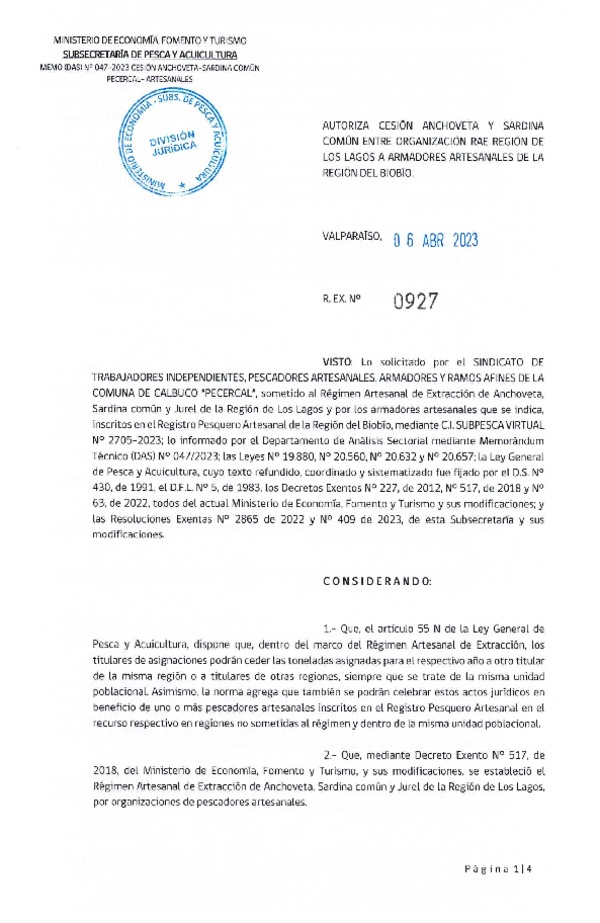 Res. Ex N° 0927-2023, Autoriza cesión Anchoveta y Sardina Común Región de Los Lagos a Biobío. (Publicado en Página Web 11-04-2023).