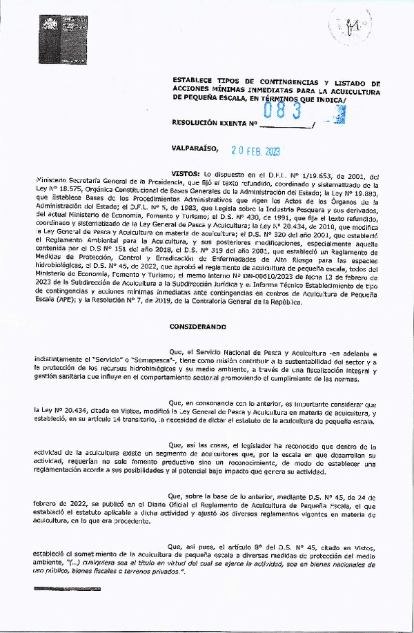 Res. Ex. N° 083-2023 (Sernapesca) Establece Tipos de Contingencias y Listado de acciones Mínima Inmediatas para la Acuicultura de Pequeña Escala, en Términos que Indica. (Publicado en Página Web 11-04-2023)