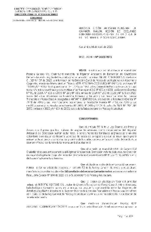 Res. Ex. N° 0003-2023 (DZP Atacama y Coquimbo) Autoriza Cesión de Camarón Nailon, Región de Coquimbo. (Publicado en Página Web 11-04-2023)
