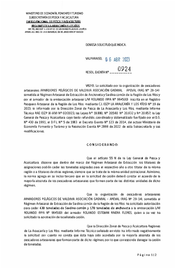 Res. Ex. N° 0924-2023 Deniega solicitud que indica. (Publicado en Página Web 11-04-2023)