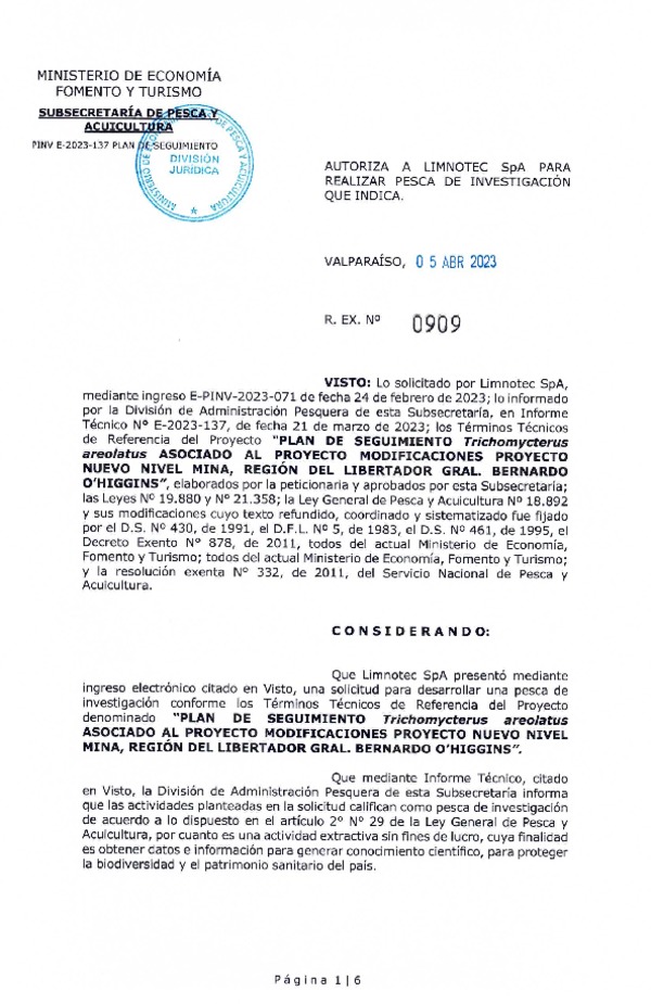 R. EX. Nº 0909-2023 AUTORIZA A LIMNOTEC SpA PARA REALIZAR PESCA DE INVESTIGACIÓN QUE INDICA. (Publicado en Página Web 11-04-2023)