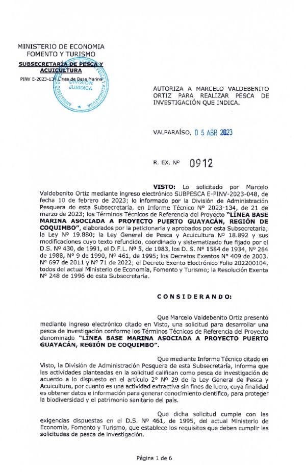 R. EX. Nº 0912-2023 AUTORIZA A MARCELO VALDEBENITO ORTIZ PARA REALIZAR PESCA DE INVESTIGACIÓN QUE INDICA. (Publicado en Página Web 11-04-2023)