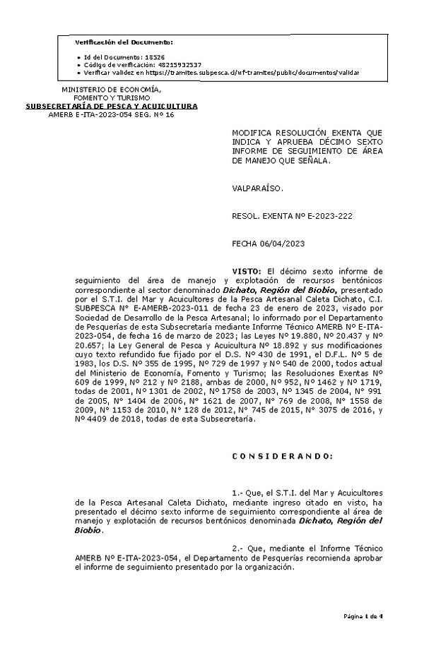 RESOL. EXENTA Nº E-2023-222 Modifica Resolución que indica, Aprueba 16° Seguimiento. (Publicado en Página Web 11-04-2023)