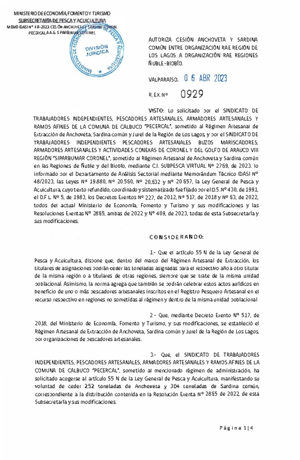 Res. Ex N° 0929-2023, Autoriza cesión Anchoveta y Sardina Común Región de Los Lagos a Ñuble-Biobío. (Publicado en Página Web 11-04-2023).