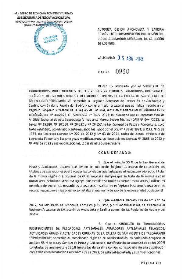 Res. Ex N° 0930-2023, Autoriza cesión Anchoveta y Sardina Común Región del Biobío a Los Ríos. (Publicado en Página Web 11-04-2023).