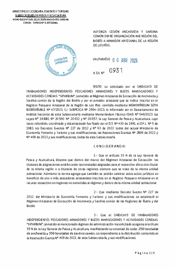 Res. Ex N° 0931-2023, Autoriza cesión Anchoveta y Sardina Común Región del Biobío a Los Ríos. (Publicado en Página Web 11-04-2023).