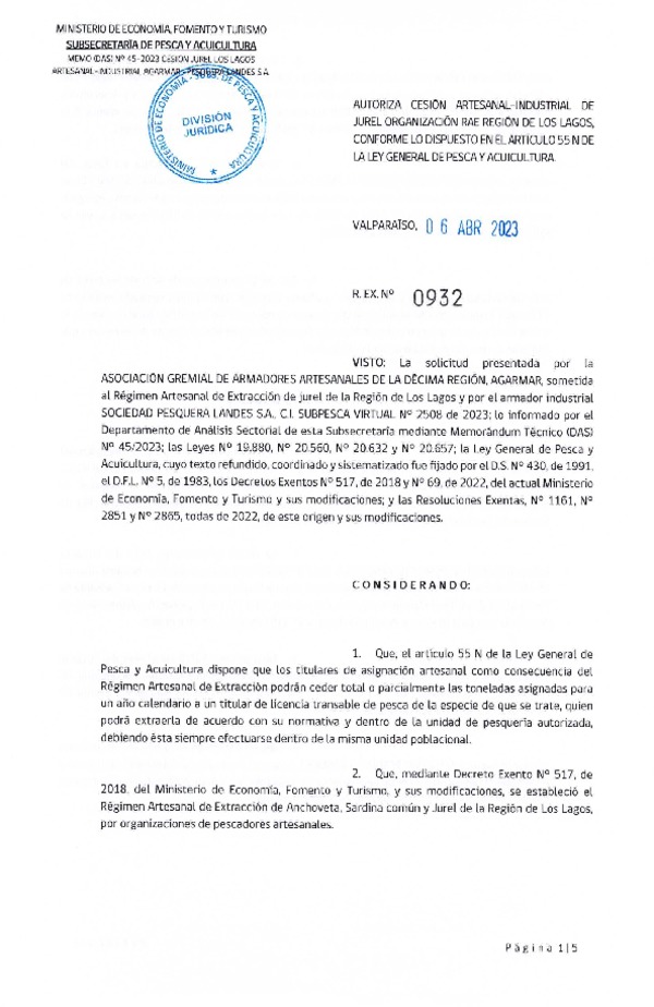 Res. Ex N° 0932-2023, Autoriza Cesión de Jurel Región de Los Lagos. (Publicado en Página Web 11-04-2023).