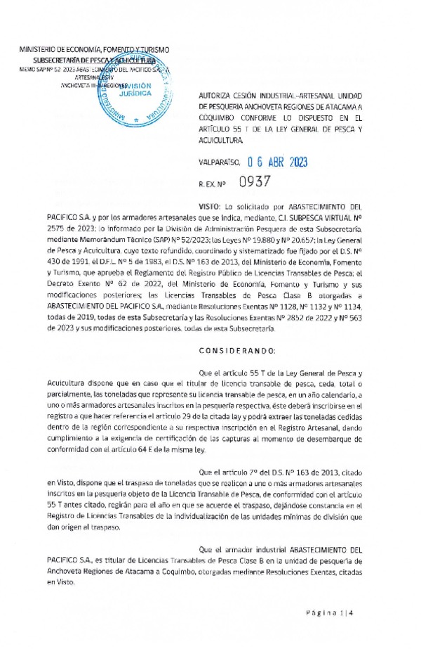 Res. Ex N° 0937-2023, Autoriza cesión  Pesquería Anchoveta Regiones de Atacama a Coquimbo. (Publicado en Página Web 11-04-2023).