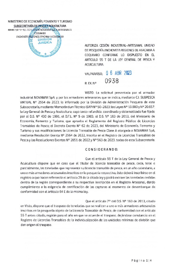 Res. Ex N° 0938-2023, Autoriza cesión  Pesquería Anchoveta Regiones de Atacama a Coquimbo. (Publicado en Página Web 11-04-2023).