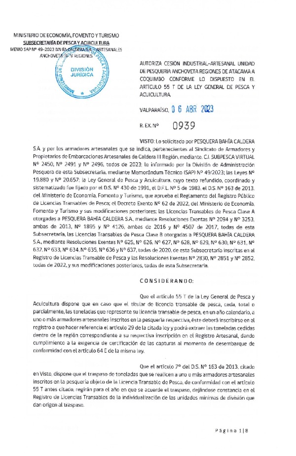 Res. Ex N° 0939-2023, Autoriza cesión  Pesquería Anchoveta Regiones de Atacama a Coquimbo. (Publicado en Página Web 11-04-2023).