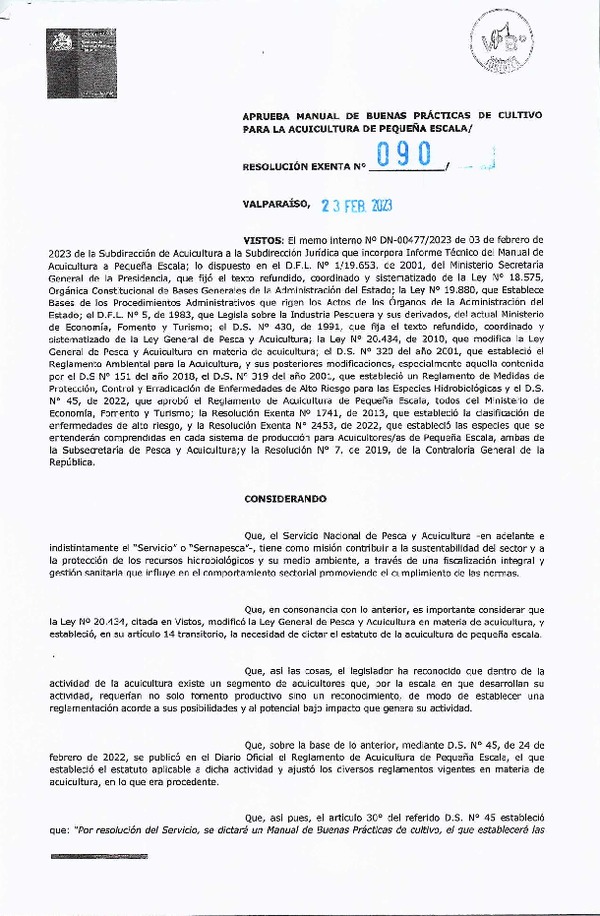 Res. Ex. N° 90-2023 (Sernapesca) Aprueba Manual de Buenas Prácticas de Cultivo para La Acuicultura de Pequeña Escala. (Publicado en Página Web  11-04-2023)