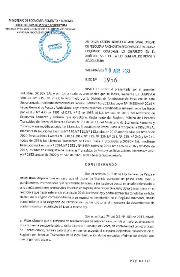 Res. Ex N° 0956-2023, Autoriza cesión Pesquería Anchoveta Regiones de Atacama a Coquimbo. (Publicado en Página Web 12-04-2023).
