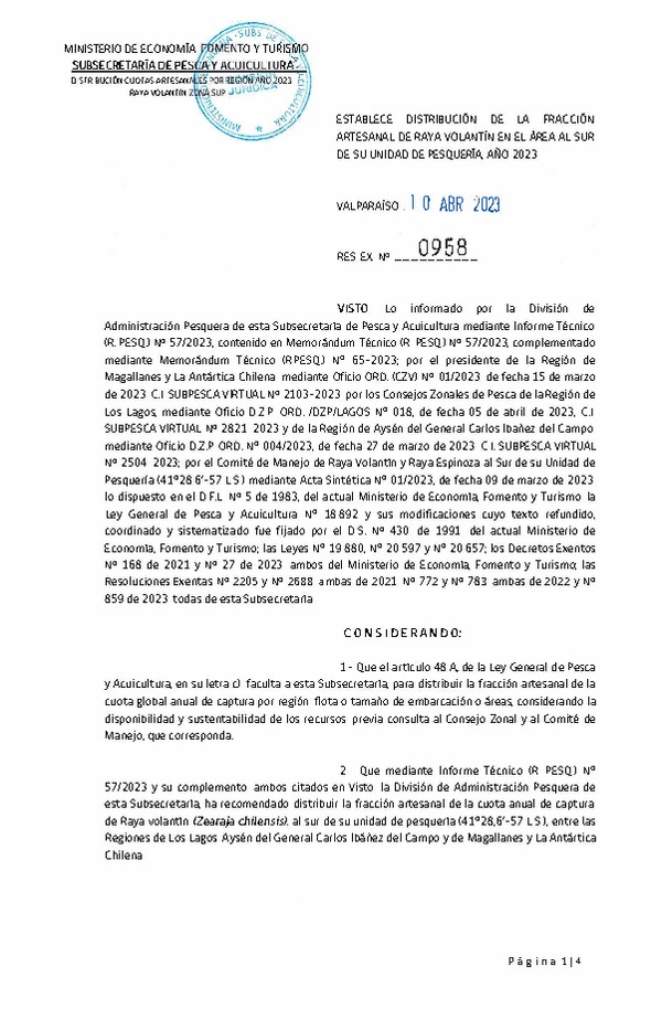 Res. Ex. N° 0958-2023 Establece Distribución de la Fracción Artesanal de Raya Volatín en el Área al Sur de su Unidad de Pesquería, Año 2023. (Publicado en Página Web 12-04-2023)