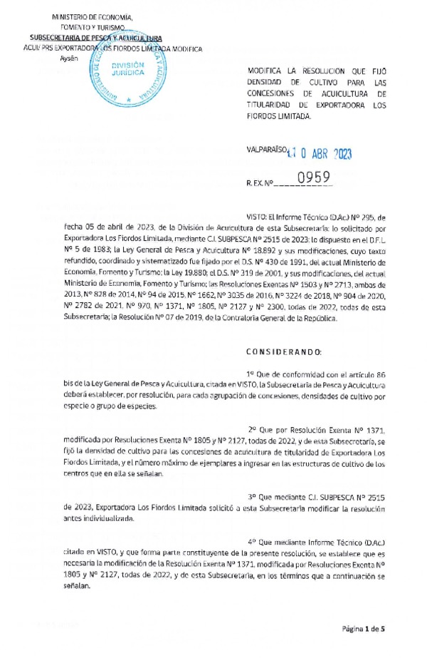 Res. Ex. N° 0959-2023 Modifica Res. Ex. N° 1371-2022 Fija densidad de cultivo para las concesiones de titularidad de Exportadora Los Fiordos Limitada. Aprueba programa de manejo que indica. (Con Informe Técnico) (Publicado en Página Web 12-04-2023)