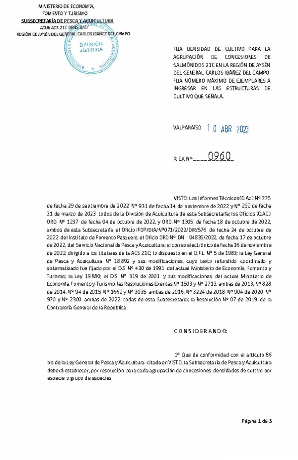 Res. Ex. N° 0960-2023 Fija densidad de cultivo para la agrupación de concesiones de salmónidos 21C en la Región de Aysén. (Con Informe Técnico) (Publicado en Página Web 12-04-2023)