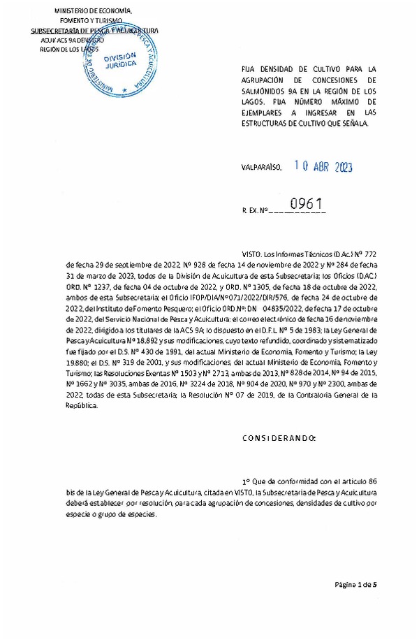 Res. Ex. N° 0961-2023 Fija densidad de cultivo para la agrupación de concesiones de salmónidos 9A en la Región de Los Lagos. (Con Informe Técnico) (Publicado en Página Web 12-04-2023)