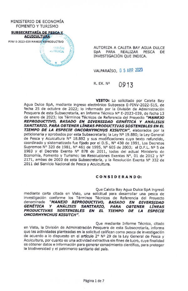 R. EX. Nº 0913-2023 AUTORIZA A CALETA BAY AGUA DULCE SpA PARA REALIZAR PESCA DE INVESTIGACIÓN QUE INDICA. (Publicado en Página Web 12-04-2023)