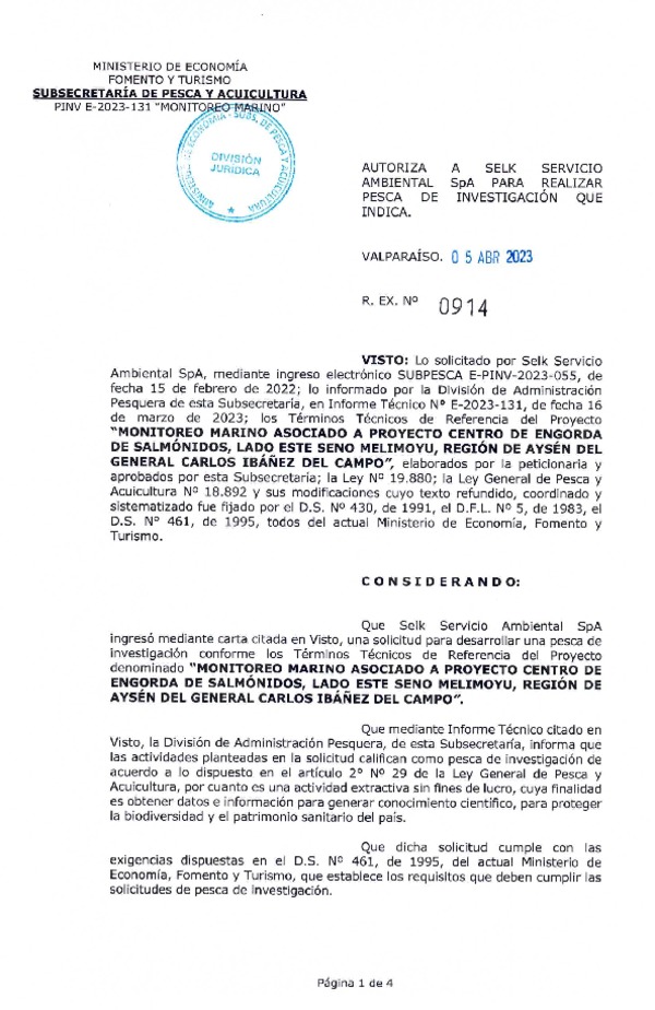 R. EX. Nº 0914-2023 AUTORIZA A SELK SERVICIO AMBIENTAL SpA PARA REALIZAR PESCA DE INVESTIGACIÓN QUE INDICA. (Publicado en Página Web 12-04-2023)