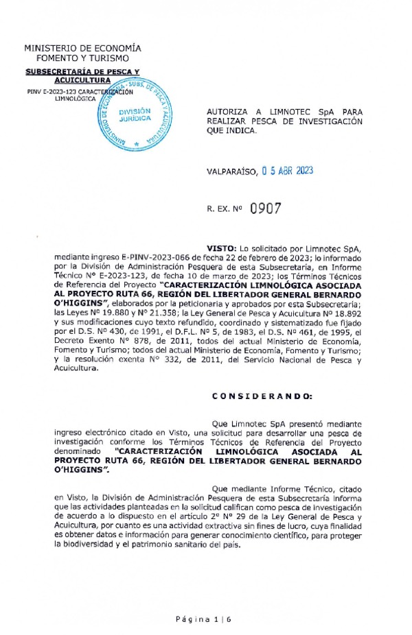 R. EX. Nº 0907-2023 AUTORIZA A LIMNOTEC SPA PARA REALIZAR PESCA DE INVESTIGACIÓN QUE INDICA. (Publicado en Página Web 12-04-2023)