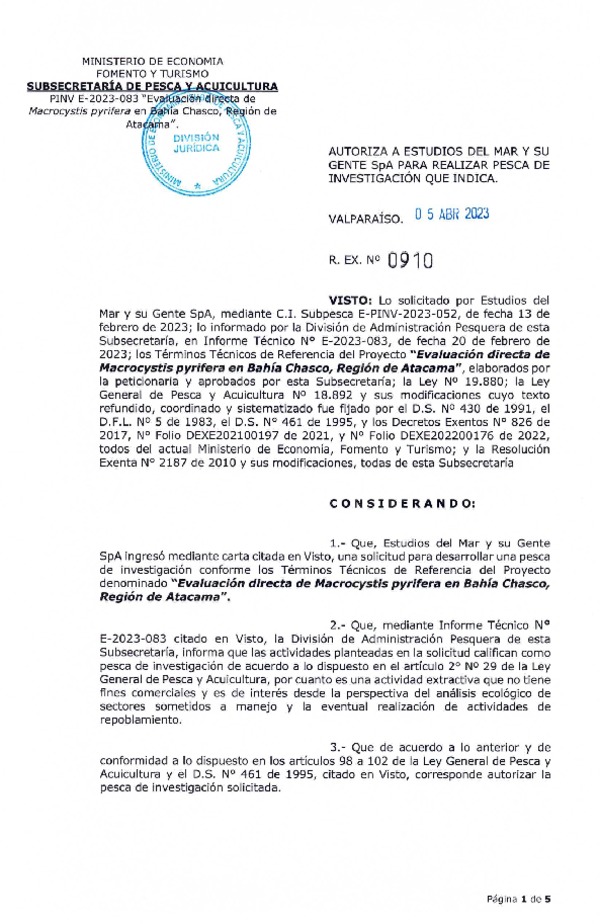 R. EX. Nº 0910-2023 AUTORIZA A ESTUDIOS DEL MAR Y SU GENTE SpA PARA REALIZAR PESCA DE INVESTIGACIÓN QUE INDICA. (Publicado en Página Web 12-04-2023)