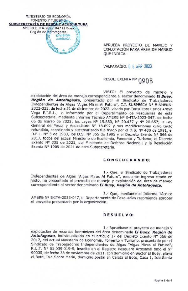 Res. Ex. N° 0908-2023 Autoriza Plan de Manejo. (Publicado en Página Web 12-04-2023)