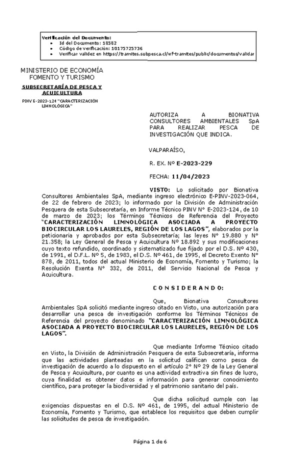 R. EX. Nº E-2023-229 AUTORIZA A BIONATIVA CONSULTORES AMBIENTALES SpA PARA REALIZAR PESCA DE INVESTIGACIÓN QUE INDICA. (Publicado en Página Web 12-04-2023)