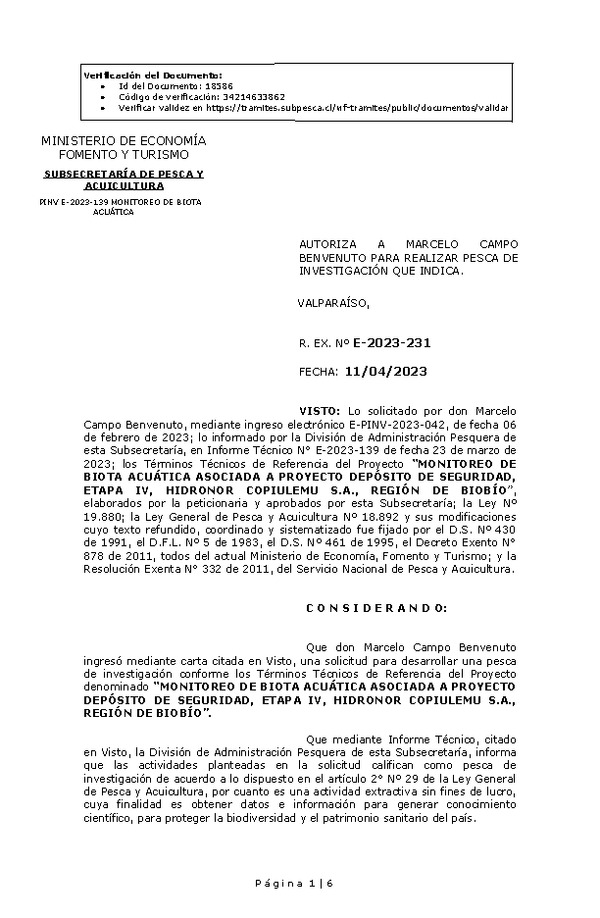 R. EX. Nº E-2023-231 AUTORIZA A MARCELO CAMPO BENVENUTO PARA REALIZAR PESCA DE INVESTIGACIÓN QUE INDICA. (Publicado en Página Web 12-04-2023)