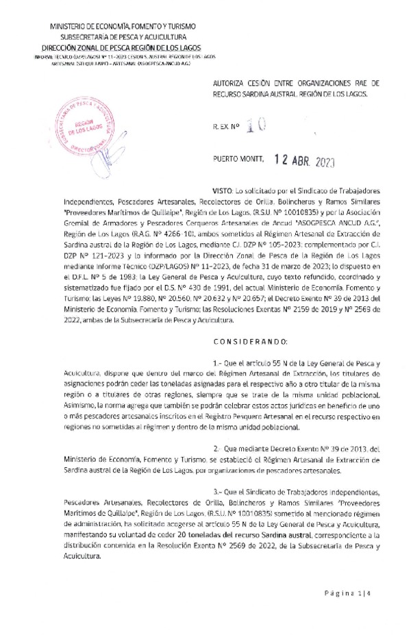Res. Ex. N° 10-2023 (DZP Los Lagos) Autoriza cesión sardina austral Región de Los Lagos. (Publicado en Página Web 12-04-2023)