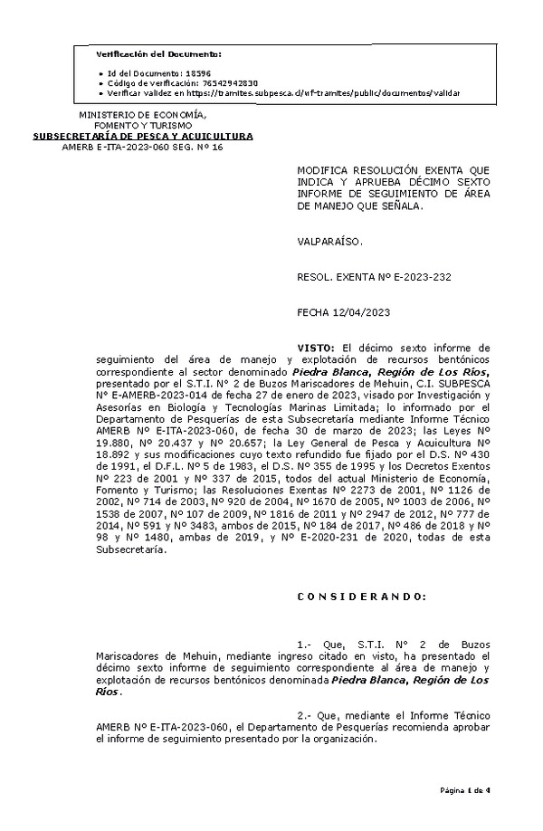 R. EX. Nº E-2023-232 Modifica Resolución que Indica. Aprueba 16° Seguimiento. (Publicado en Página Web 13-04-2023)