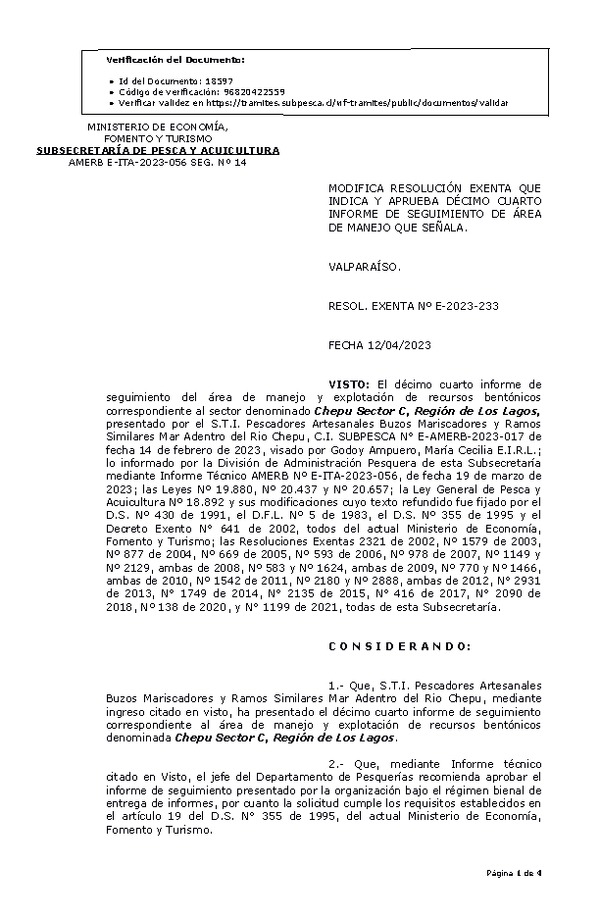 R. EX. Nº E-2023-233 Modifica Resolución que Indica. Aprueba 14° Seguimiento. (Publicado en Página Web 13-04-2023)