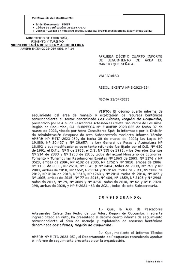 R. EX. Nº E-2023-234  Aprueba 14° Seguimiento. (Publicado en Página Web 13-04-2023)