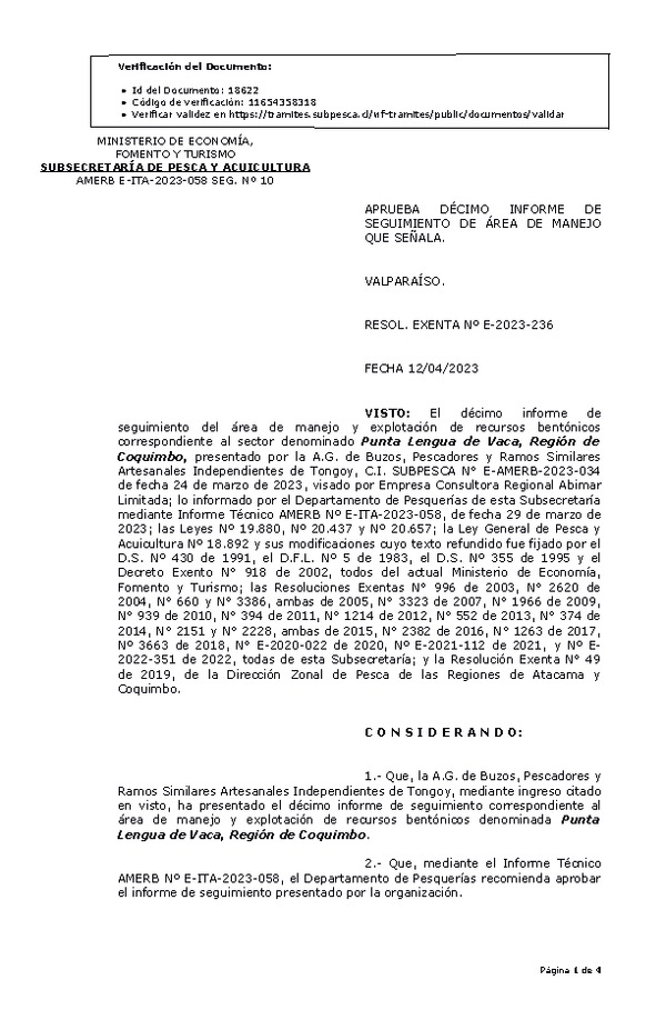 R. EX. Nº E-2023-236  Aprueba 10° Seguimiento. (Publicado en Página Web 13-04-2023)